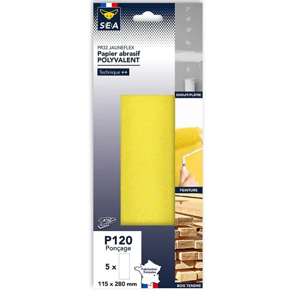 Couleurs variées Castorama Papier Abrasif Corindon 115 X 280 Mm Grain 120 Non Perforé, Lot De 5 1