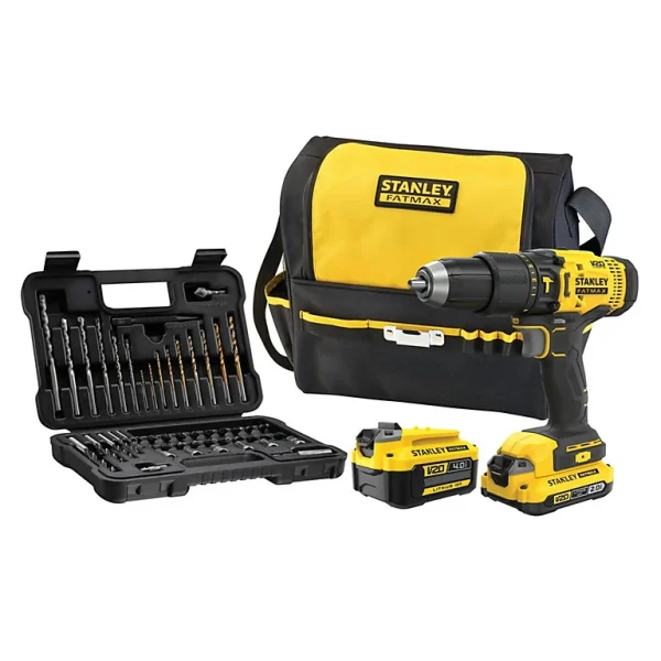 De super promotions disponibles Castorama Perceuse à Percussion Sans Fil Stanley Fatmax SFMCD711DMA-QW Gamme V20 18V – 2Ah + 4Ah + Accessoires 1