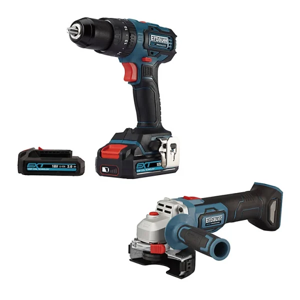 Castorama Perceuse Visseuse à Percussion Sans Fil ECD18-Li-2 + Meuleuse Sans Fil Brushless EAG18- 115 Mm Erbauer authentiques 1